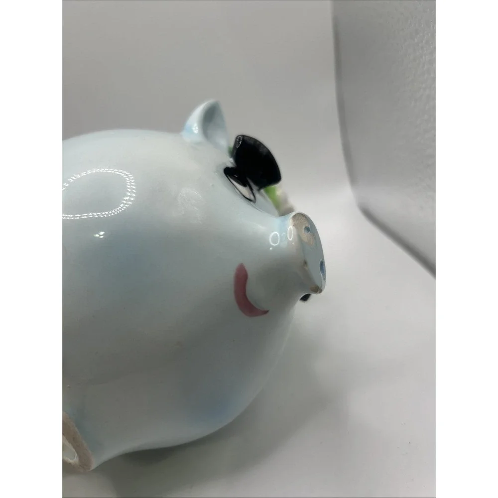 Ceramic Anthropomorphic Blue Piggy Bank Daisy Flower Long Eyelashes Vintage